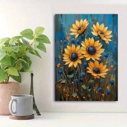Beautiful Vibrant Yellow Sunflowers with Blue 40x60cm Metal Print Ready to Hang