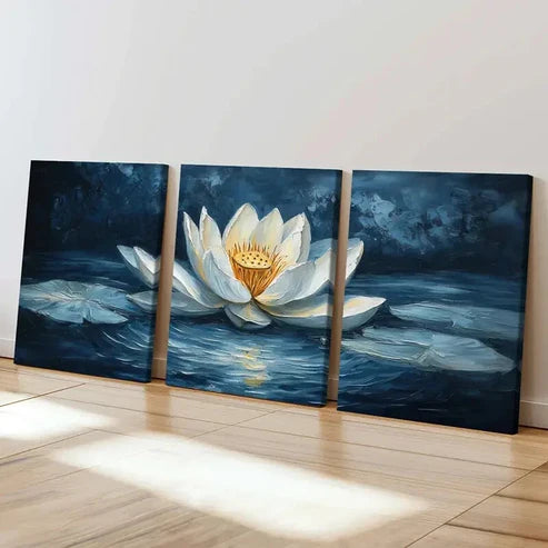 3pcs White Lotus Dark Water & Serene Reflection Wall Art Set Canvas Unframed - High Quality Print 100% Australian Made Wall Canvas