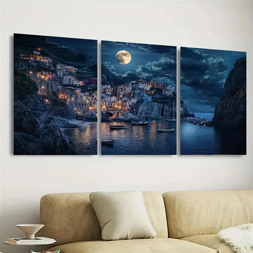 3pcs Italian Fishing Village at Midnight Wall Art Set Canvas Unframed - High Quality Print 100% Australian Made Wall Canvas - Bella Home Decor