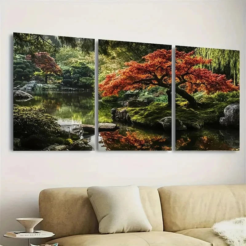 3pcs Japanese Trees Garden Forest Wall Art Set Canvas Framed 50x70cm - High Quality Print 100% Australian Made Wall Canvas Ready to Hang