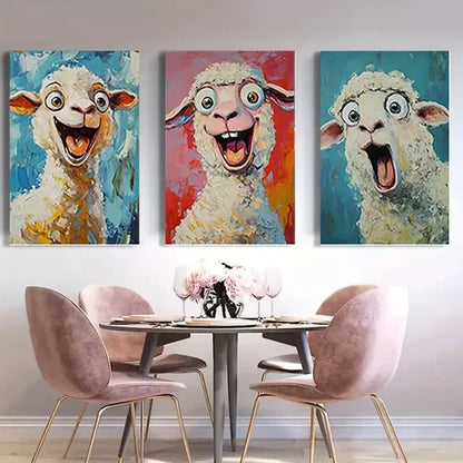 3pcs Fluffy Sheep with Surprised Look Wall Art Set Canvas Unframed - High Quality Print 100% Australian Made Wall Canvas - Bella Home Decor