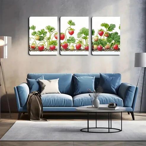 3pcs Growing Strawberries In Vivid Style Wall Art Canvas Unframed - High Quality Print 100% Australian Made Wall Canvas