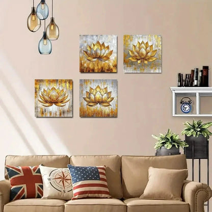 4pcs Golden Lotus Wall Art Canvas Framed