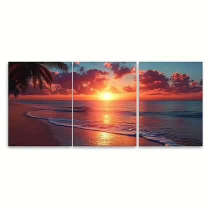3pcs Exotic Paradise Palm Trees Beach TI    Wall Art Set Canvas Framed 50x70cm - High Quality Print 100% Australian Made Wall Canvas Ready to Hang