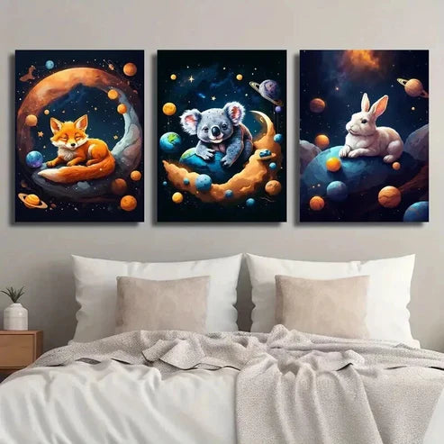 3pcs Fox Koala & Rabbit with Fantasy Planet Wall Art Canvas Unframed - High Quality Print 100% Australian Made Wall Canvas - Bella Home Decor