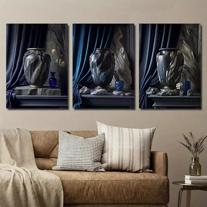 3pcs Tone Vase Art Blue Vase Plant Wall Art Set Canvas Unframed - High Quality Print 100% Australian Made Wall Canvas