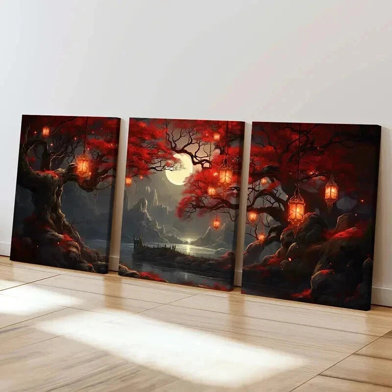 3pcs Moon River Mountains Trees Retro Wall Art Set Canvas Framed 50x70cm - High Quality Print 100% Australian Made Wall Canvas Ready to Hang - Bella Home Decor
