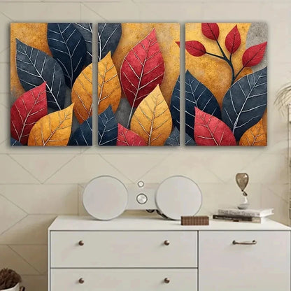 3pcs Red Blue Abstract Leaves Poster Wall Art Set Canvas Framed 50x70cm - High Quality Print 100% Australian Made Wall Canvas Ready to Hang