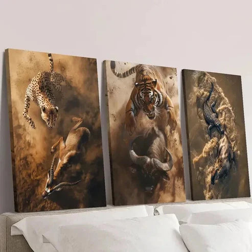 3pcs Cheetah Tiger Crocodile Hunting & Eating Wall Art Set Canvas Unframed - High Quality Print 100% Australian Made Wall Canvas - Bella Home Decor