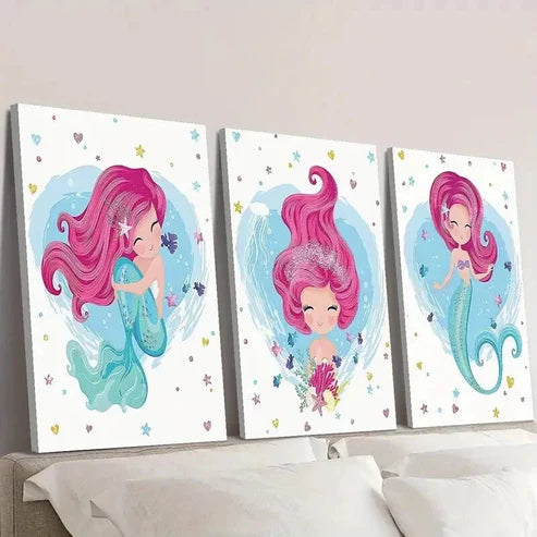 3pcs Pink Hair Light Blue Body Cute Mermaid Wall Art Canvas Unframed - High Quality Print 100% Australian Made Wall Canvas