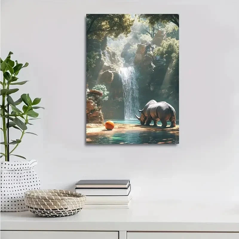 Beautiful Cyberpunk Rhino Playing with Ball Painting 40x60cm Metal Print Ready to Hang - Bella Home Decor