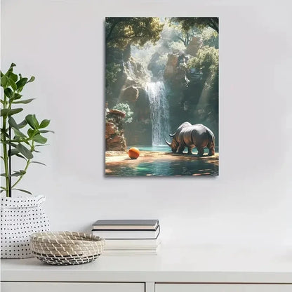 Beautiful Cyberpunk Rhino Playing with Ball Painting 40x60cm Metal Print Ready to Hang - Bella Home Decor