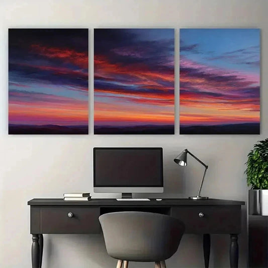 3pcs Vibrant Evening Sky With Mountains Perfect Wall Art Set Canvas Framed 60x90cm - High Quality Print 100% Australian Made Wall Canvas Ready to Hang