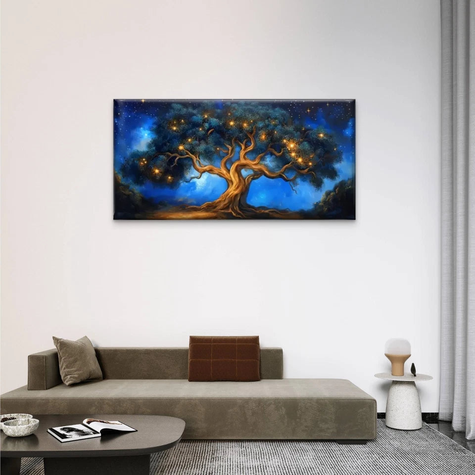 Night Tree Star Blue Sky Wall Art Canvas Office Home Room Framed 120x60cm