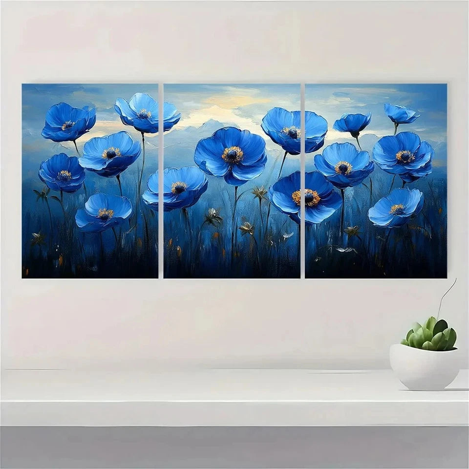 3pcs Modern Abstract Blue Waterflowers Metal Print Ready to Hang Art - Bella Home Decor