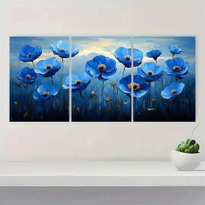 3pcs Modern Abstract Blue Waterflowers Metal Print Ready to Hang Art - Bella Home Decor