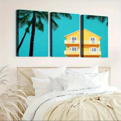 3pcs Blue Background Yellow Three-Story YB  Wall Art Set Canvas Unframed - High Quality Print 100% Australian Made Wall Canvas - Bella Home Decor