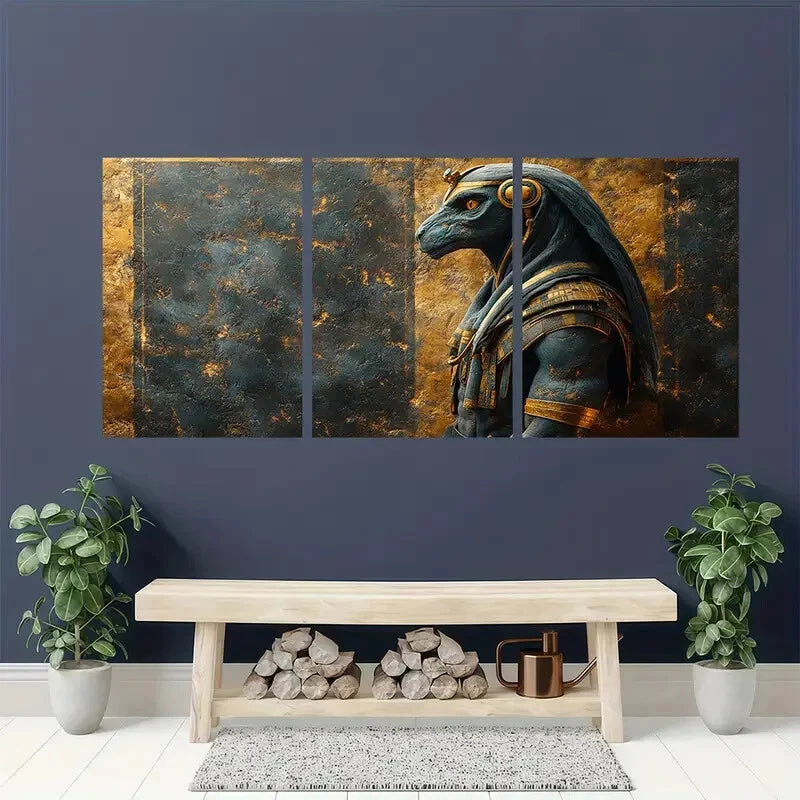 3pcs Egyptian God with Golden Accents Metal Print Ready to Hang Art - Bella Home Decor