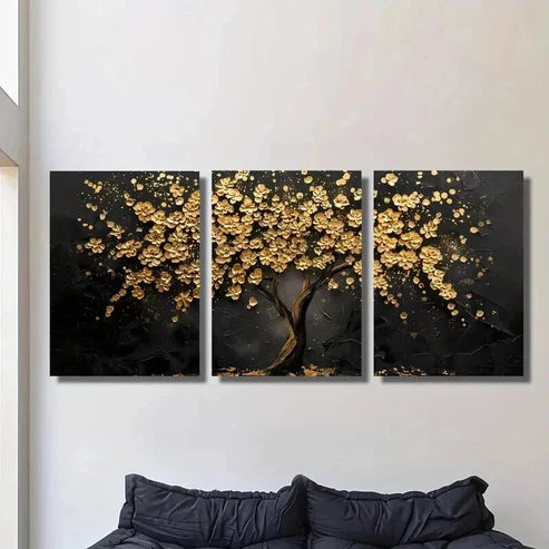 3pcs Abstract Golden Leaf Flower Tree  Wall Art Set Canvas Unframed - High Quality Print 100% Australian Made Wall Canvas - Bella Home Decor