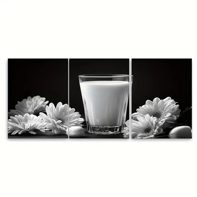 3pcs Black and White Glass of Milk Floral Wall Art Set Canvas Framed 50x70cm - High Quality Print 100% Australian Made Wall Canvas Ready to Hang - Bella Home Decor