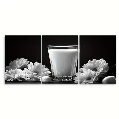 3pcs Black and White Glass of Milk Floral Wall Art Set Canvas Framed 50x70cm - High Quality Print 100% Australian Made Wall Canvas Ready to Hang - Bella Home Decor