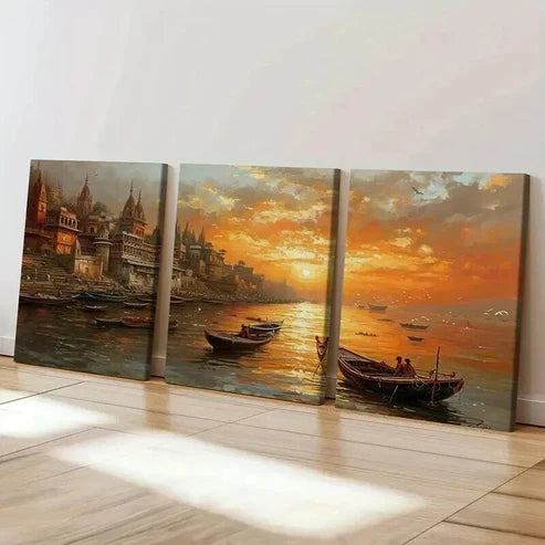 3pcs Sunset Cityscape with Golden Sky Reflection Wall Art Set Canvas Unframed - High Quality Print 100% Australian Made Wall Canvas