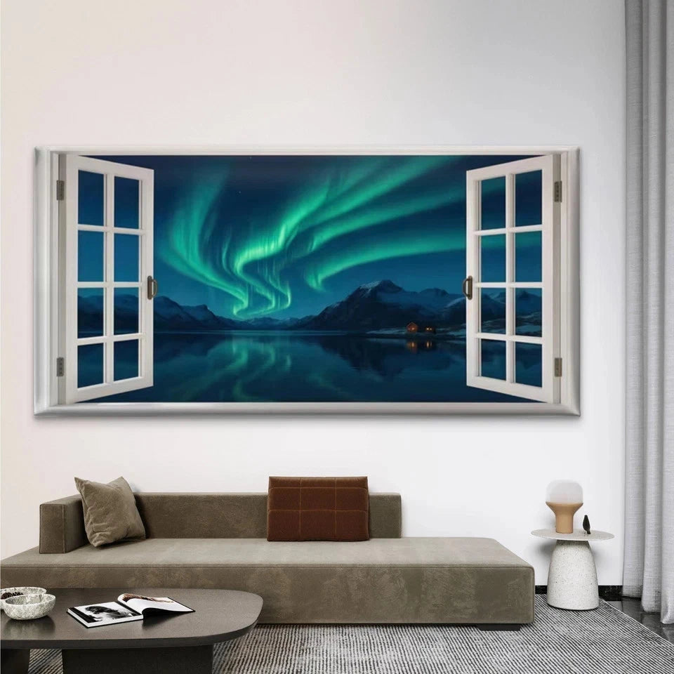 Northern Lights Window View Wall Art Canvas Office Home Room Framed 120x60cm