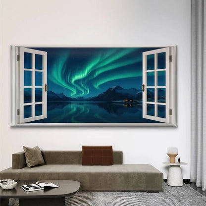 Northern Lights Window View Wall Art Canvas Office Home Room Framed 120x60cm