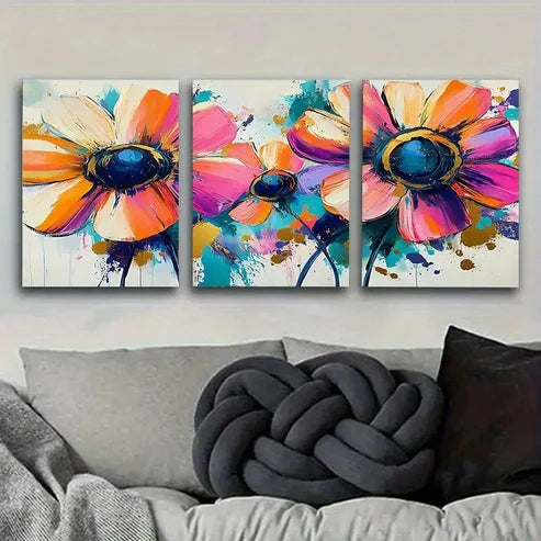 3pcs Colorful Flower Painting Wall Art Set Canvas Unframed - High Quality Print 100% Australian Made Wall Canvas - Bella Home Decor