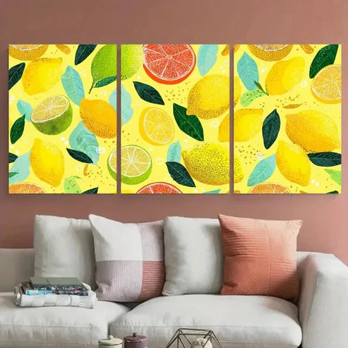 3pcs Vibrant Lemon Continuous Wall Art Canvas Unframed - High Quality Print 100% Australian Made Wall Canvas