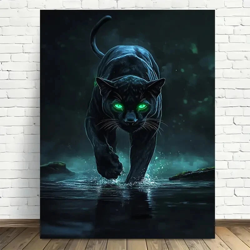 Beautiful Black Panther In Moonlit Forest Painting 40x60cm Metal Print Ready to Hang - Bella Home Decor