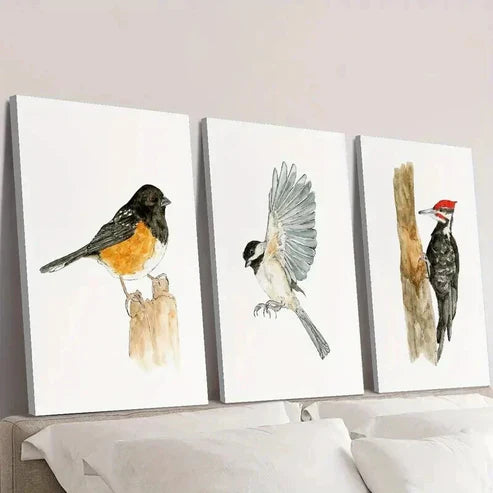 3pcs Thrush Carolina Chickadee Woodpecker Wall Art Canvas Unframed - High Quality Print 100% Australian Made Wall Canvas