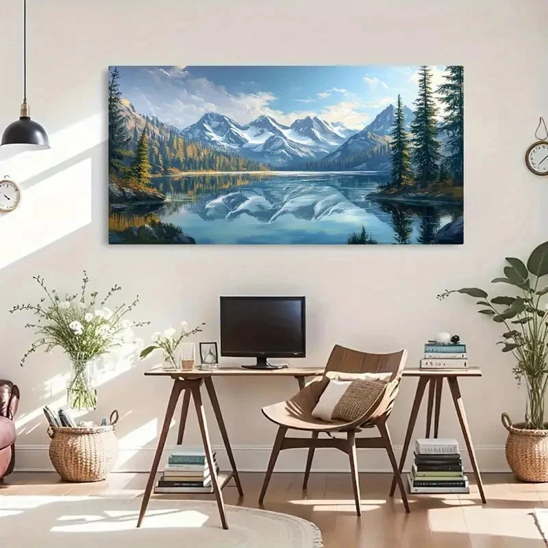 Snowy Mountain Lake Nature Wall Art Canvas Office Home Room Framed 120x60cm - Bella Home Decor