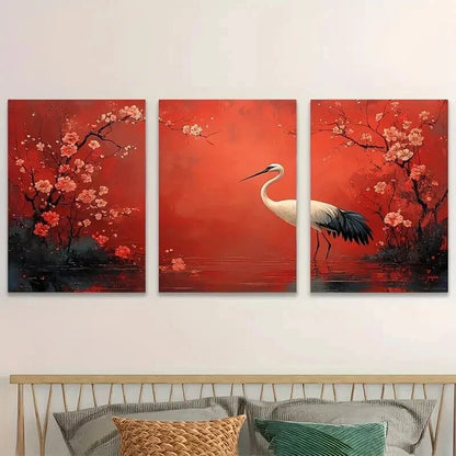 3pcs Beautiful Crane Flower Bird Perfect Wall Art Set Canvas Framed 50x70cm - High Quality Print 100% Australian Made Wall Canvas Ready to Hang - Bella Home Decor