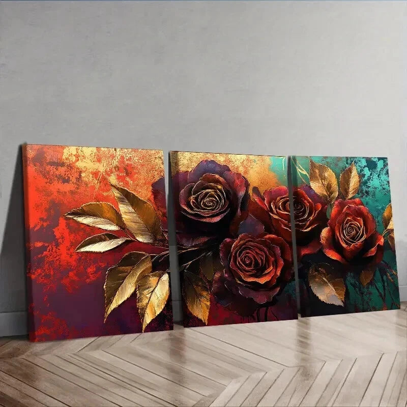 3pcs Painting Of A Rose In Golden Leaf Wall Art Set Canvas Framed 50x70cm - High Quality Print 100% Australian Made Wall Canvas Ready to Hang