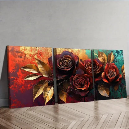 3pcs Painting Of A Rose In Golden Leaf Wall Art Set Canvas Framed 50x70cm - High Quality Print 100% Australian Made Wall Canvas Ready to Hang