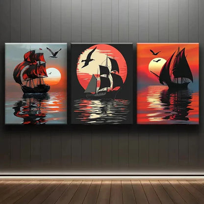 3pcs Sailboats Sunset Shine Moon Ocean Perfect Wall Art Set Canvas Unframed - High Quality Print 100% Australian Made Wall Canvas