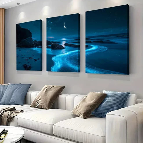 3pcs Mystical Ocean Moonlit Bioluminescent Beach Wall Art Canvas Unframed - High Quality Print 100% Australian Made Wall Canvas