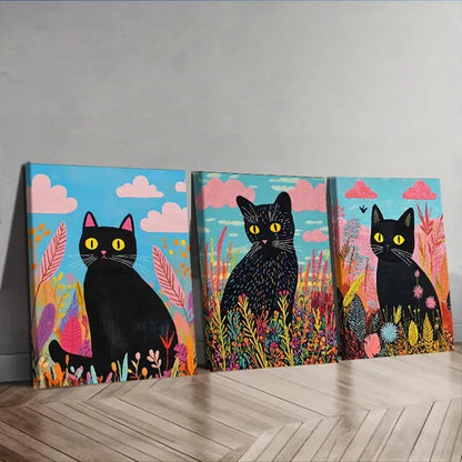 3pcs A black cat Wall Art Canvas Unframed - High Quality Print 100% Australian Made Wall Canvas - Bella Home Decor