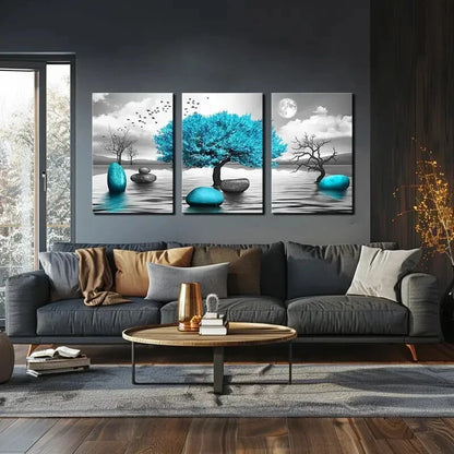 3pcs Abstract Teal Blue Tree of Life and Stones Metal Print Ready to Hang Art - Bella Home Decor