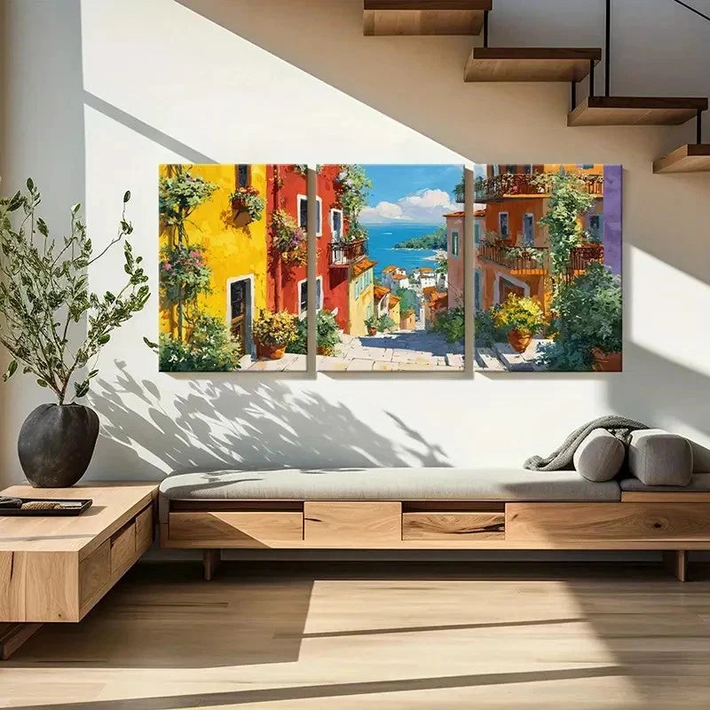 3pcs  Mediterranean Village, Coastal Wall Art Set Canvas Framed 60x90cm - High Quality Print 100% Australian Made Wall Canvas Ready to Hang - Bella Home Decor