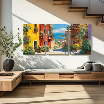 3pcs  Mediterranean Village, Coastal Wall Art Set Canvas Framed 60x90cm - High Quality Print 100% Australian Made Wall Canvas Ready to Hang - Bella Home Decor