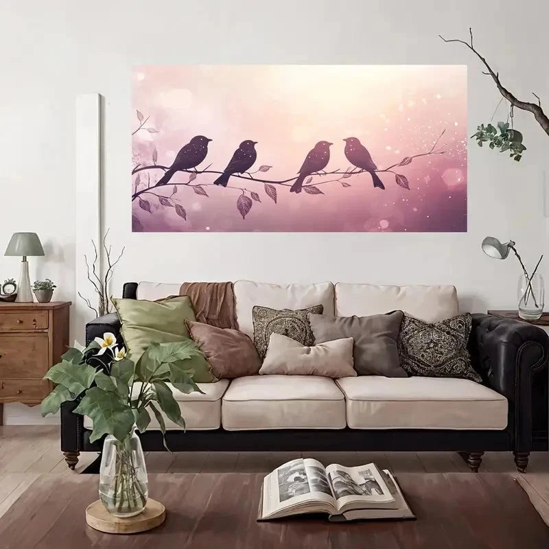 Four Birds On Branch Design Wall Art Canvas Office Home Room Framed 120x60cm