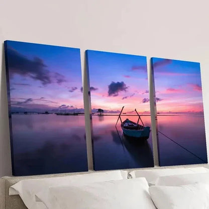 3pcs Ocean Environment Purple Sunset & Boat Wall Art Set Canvas Unframed - High Quality Print 100% Australian Made Wall Canvas