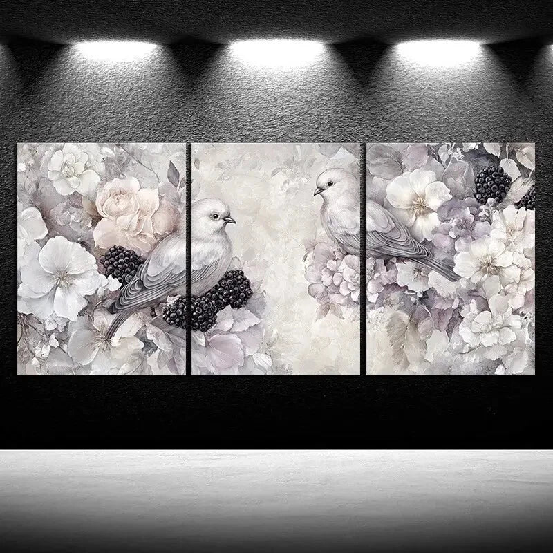 3pcs Birds on Blackberry Flowers Beautiful Metal Print Ready to Hang Art - Bella Home Decor