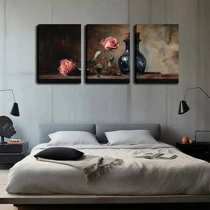 3pcs Pink Roses & Dark Bottles Dark Perfect Wall Art Set Canvas Framed 60x90cm - High Quality Print 100% Australian Made Wall Canvas Ready to Hang - Bella Home Decor