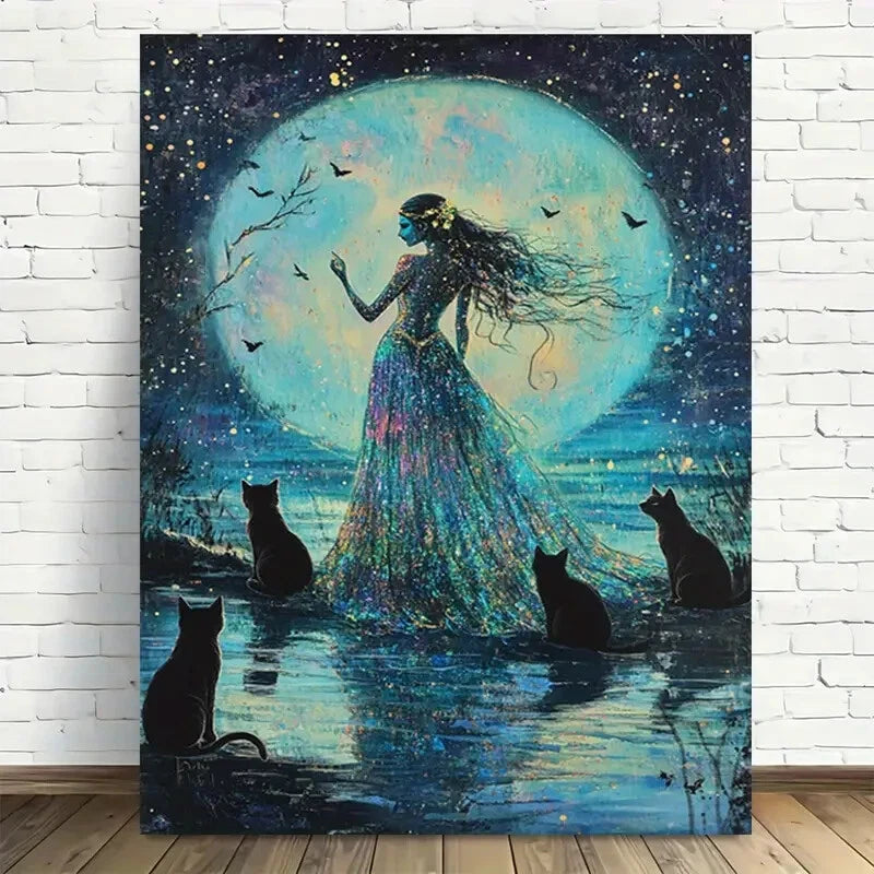 Beautiful Moonlit Cats Fantasy Vibrant Painting 40x60cm Metal Print Ready to Hang - Bella Home Decor