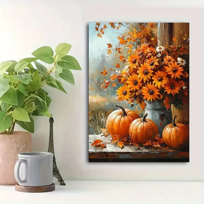 Beautiful Autumn Pumpkins Leaves & Sunflowers 60x90cm Metal Print Ready to Hang