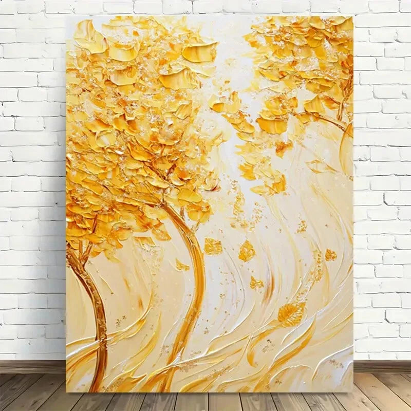Beautiful Golden Leaf Abstract Painting 40x60cm Metal Print Ready to Hang - Bella Home Decor