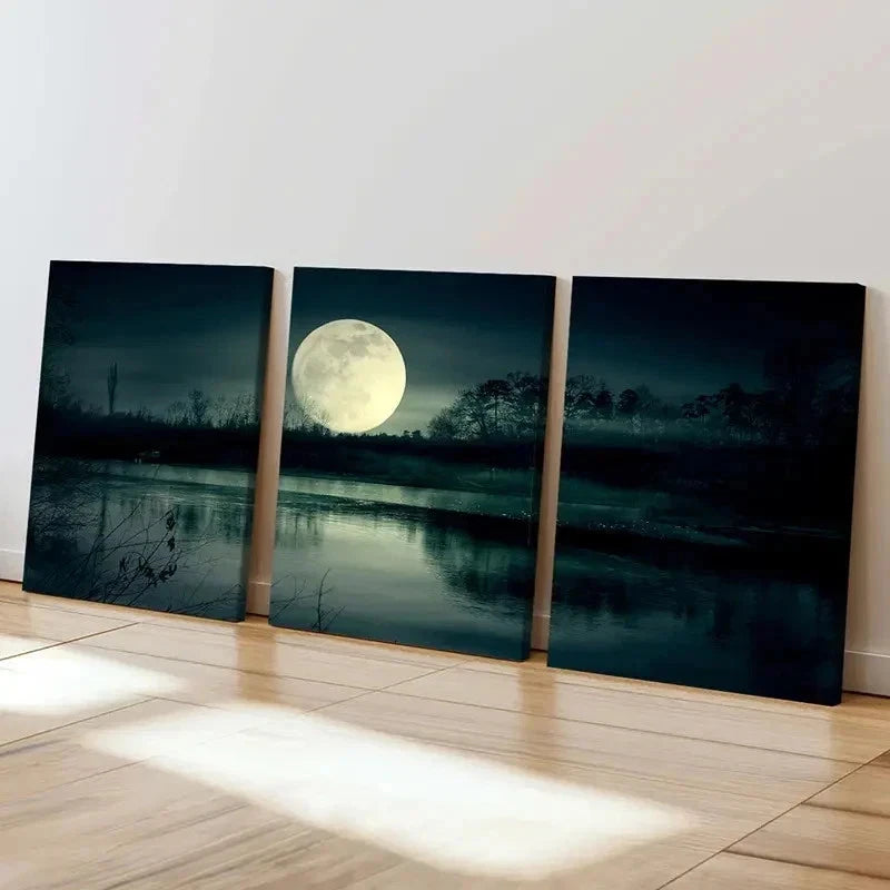 3pcs Full Moon at Night Scene Decoration Wall Art Set Canvas Framed 60x90cm - High Quality Print 100% Australian Made Wall Canvas Ready to Hang - Bella Home Decor